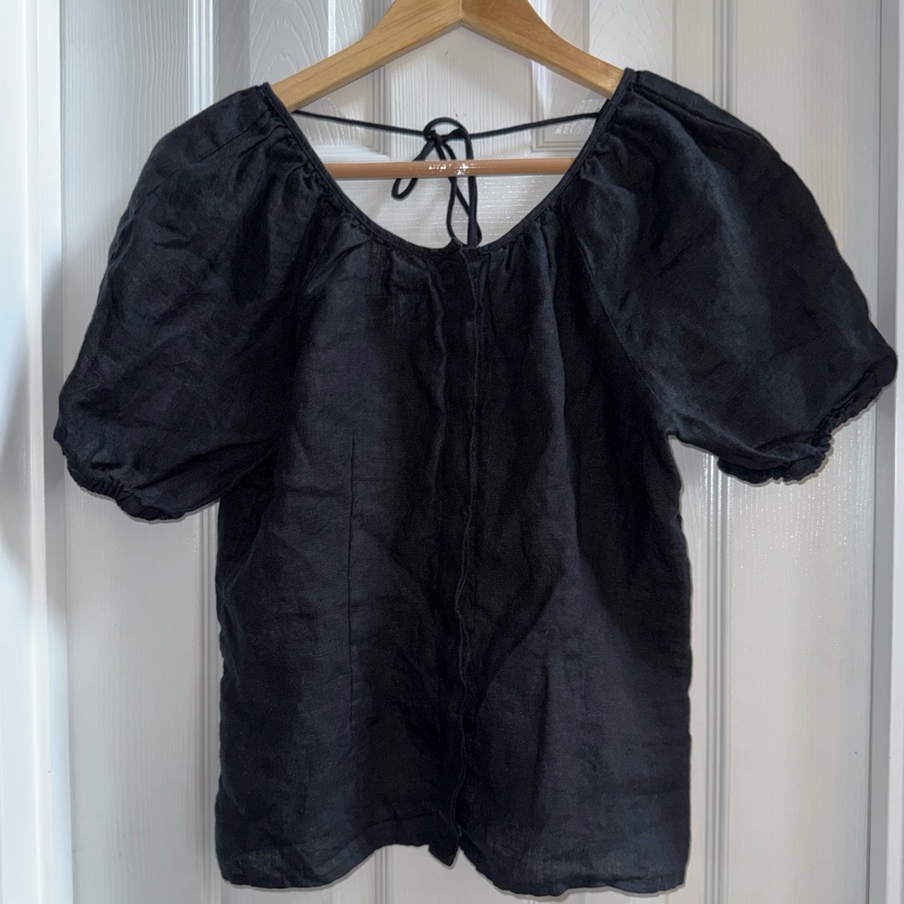 J. Crew Puff Short Sleeve Linen Top Sz 2 Black Whimsigoth Dark Fairy Minimalist